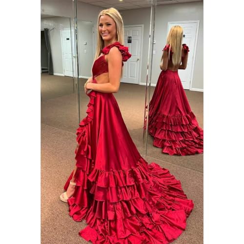 Satin Prom Dresses 2024 V Neck Tiered Ruffles Cutout Long Ball Gown High Low Formal Evening Party Gowns with Slit4