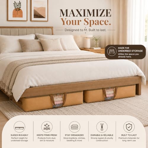 Image of Storite Canvas Underbed Storage Bag with Zipper, Clear Window & 4 Reinforced Handles | Blanket, Rajai, Quilt, Pillow, Bedsheet & Seasonal Clothes Organizer | Foldable Dustproof Storage Bag| Cream | With 4 Reinforced Handles for Rajai, Quilt, Blanket, Pillow, Saree, Bedsheet & Seasonal Clothes | 63 x 48 x 23 cm-Cream