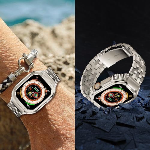 Image of SUPLINK Stainless Steel Case with Bands Compatible with Apple Watch Ultra 2 Band / 1 / Apple Watch Ultra 3 Band 49mm, Metal Rugged Protective Bumper Adjustable Strap for iWatch Bands Men(Titanium Color)