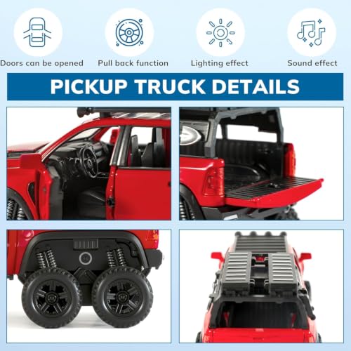 Image of RAM Mammoth Pick-Up Model Car 1:32 Exclusive Alloy Metal Pull Back Die-cast Car Die-cast Metal Pullback Toy car with Openable Doors & Light Music, Red Six Wheel