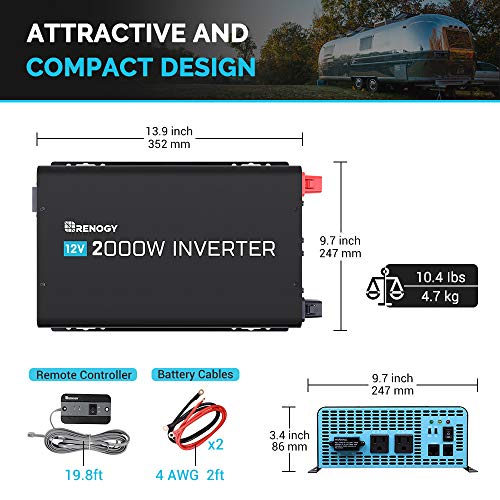 Renogy 2000W Power Inverter 12VDC to 120VAC Pure Sine Wave with Special LED Indicators