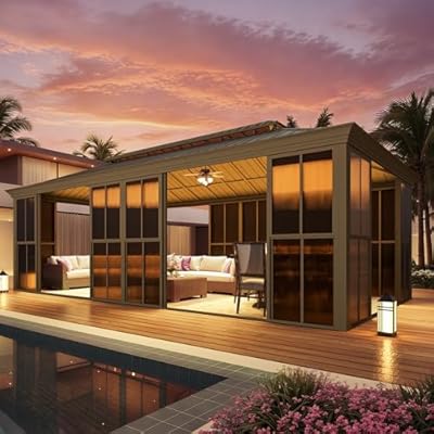 EROMMY 12' X 24' Sunroom, Hardtop Gazebo Solarium with Detachable Windows & Light Galvanized Steel Double Roof, All-Weather Sun Room for Patio Deck Backyard