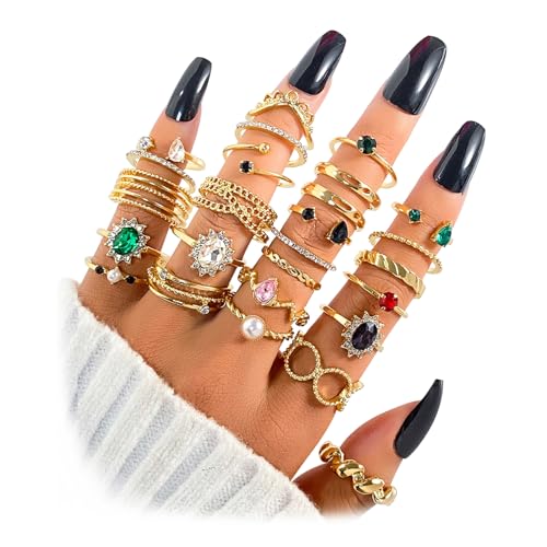 Gold Boho Sparkle Knuckle Rings Set For Women, Vintage Fashion Aesthetic Trendy Joint Snake Ring Pack, Retro Green Black Pink Colorful Rhinestone Star Crystal Leaf Diamond Pearl Jewelry