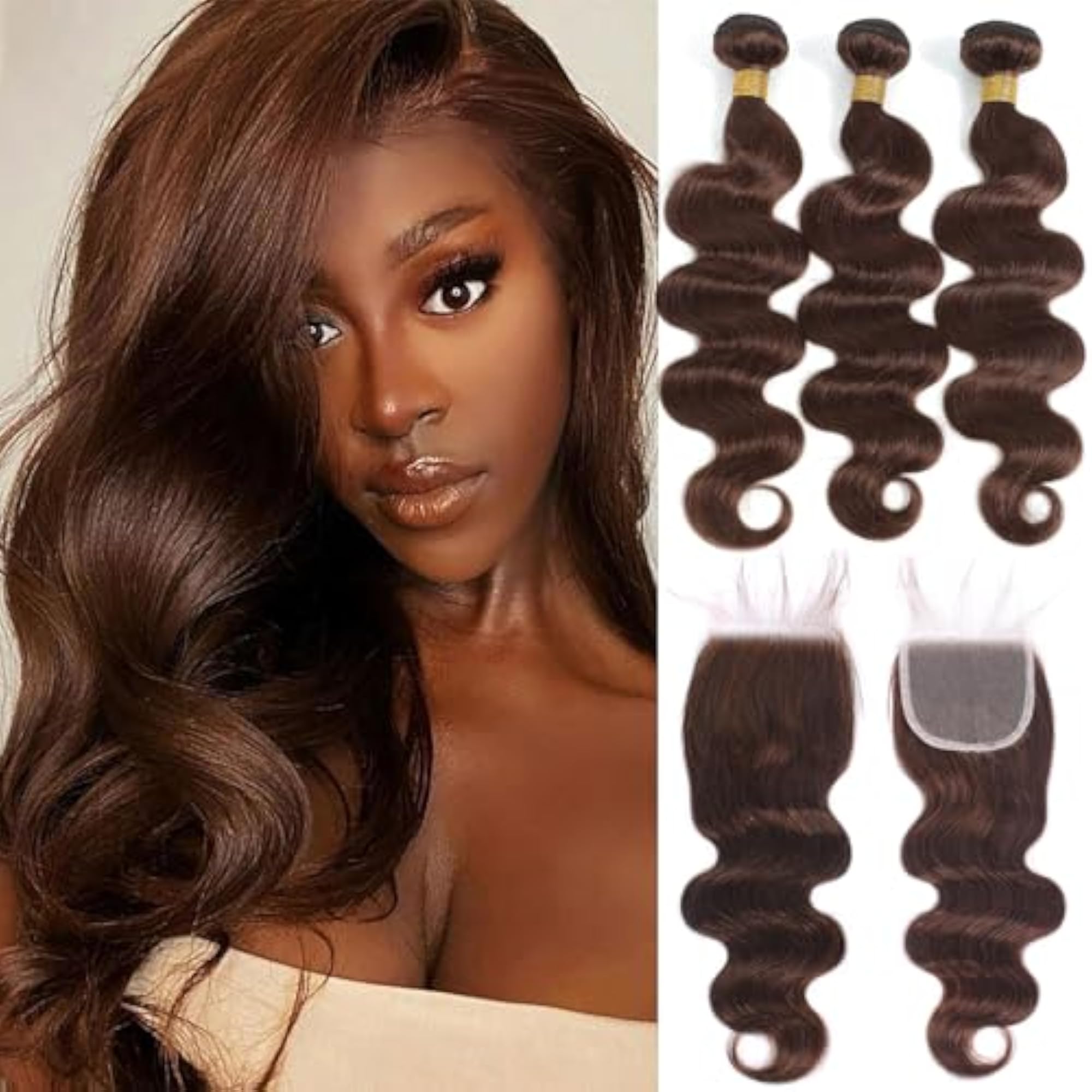 Women's Light Brown Body Wave Human Hair Extensions with Closure