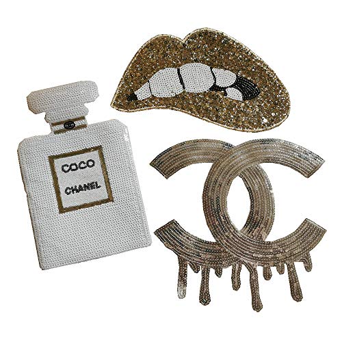 Fashion Sequin Patch Perfume Bottle/Lips/Letter Embroidery Cloth Patch Stickers Clothing Accessories T-Shirt Decoration (White / Gold)