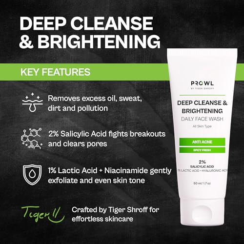 Image of PROWL by Tiger Shroff Facewash 2% Salicylic Acid | Anti Acne For Dry Combination Oily & Acne Prone Man Skin Care with 1% Lactic Acid, Hyaluronic Acid | Exfoliating Brightening Face Wash For Men | 50ml