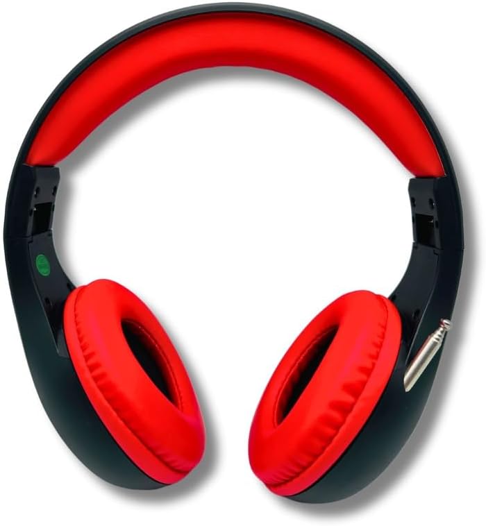 Portable Personal FM Radio Headphones Pull-Out Antenna for Great Reception, Walking, Jogging, Relaxing, School, Talk Radio - Powered by 2AA Batteries (Not Included) (Black & Red)