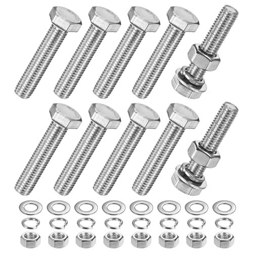 M METERXITY 10-Pack Hex Head Screw Bolt with Nuts Flat & Lock Washers M10x50mm Stainless Steel Bolts and Nuts Kit Fully Threaded Metric Bolt Assortment for Equipment/Machinery