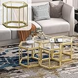 LUGSHIREE Gold Coffee Table Glass Modern Coffee Table, Hexagon Free Combination Glass Center Table Small End Tables with Metal Frame for Living Room Set of 1