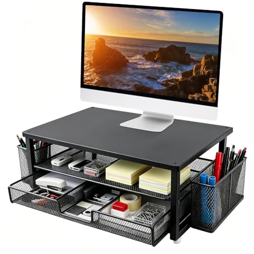 Support de moniteur, bureau surélevé avec tiroir et porte-stylo, organisateur de bureau ergonomique à 2 niveaux, support de bureau stable pour ordinateur portable, PC, imprimante, scanner (noir)