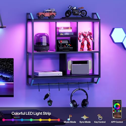 Image of HOOBRO Gaming Floating Shelves with LED Lights, 28.7 inch LED Wall Mounted Shelf, 3-Tier Display Rack for Wall Storage, Floating Rack with Hanging Rod and 6 S-Hooks, for Gaming Room, Black BB70DBJ01