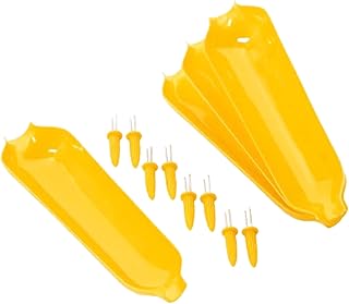 Worparsen 4 Pcs Tray＆8 PcsFork Corn Fork Set，Corn on The Cob Skewers Stainless Steel Corn Fork Prong Skewers，Twin Prong Sweet Corn Holder Home Cooking Fork Home Supplies Yellow