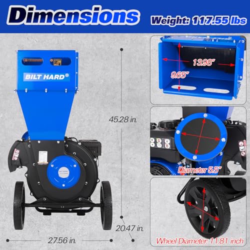 BILT HARD Wood Chipper - 7.5 HP 224cc Gas Powered Shredder, 2 in 1 Multi-Function Heavy Duty, 3" Max Wood Diameter Capacity with Collection Bag