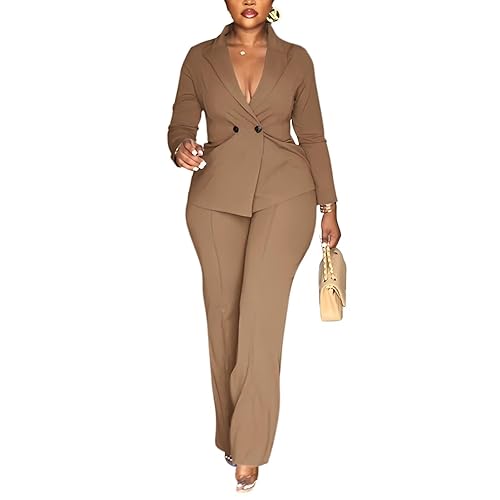 Kafiloe Women Double Breasted Blazer Pants Suit 2 Piece Outfits
