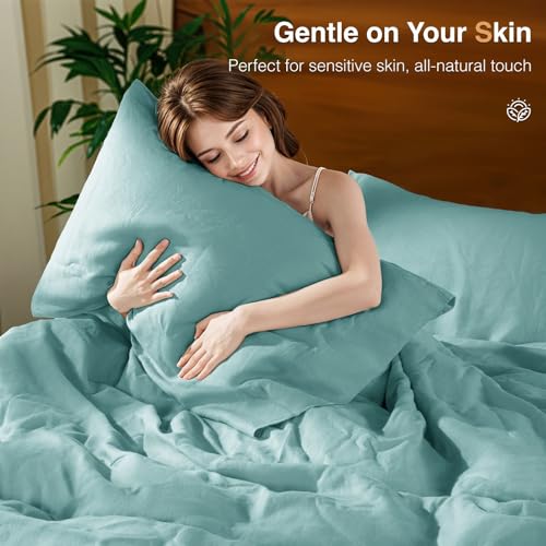 SONORO KATE 100% French Linen Duvet Cover Queen Size, Soft Breathable for Hot Sleepers, Moisture Wicking & Durable Cover Set - Zipper Closure & 4 Corner Ties Duvet Covers 3 Piece (Aqua,Queen)