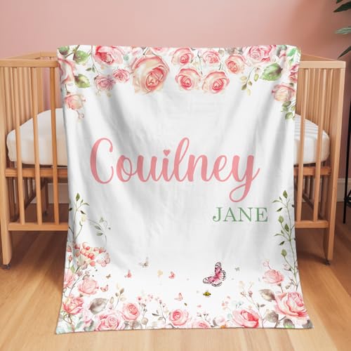 Image of Personalized Baby Blanket with Name, Custom Name Blanket for Kids Soft Flanne Blankets in Easter Personalized Baby Gifts for Infant Newborn Shower (Rose)