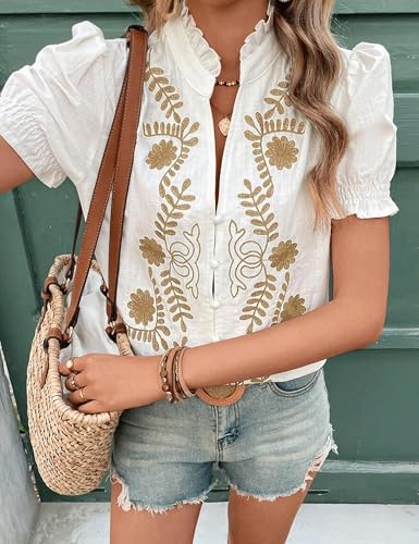 Women's Summer Tops 2025 Casual Ruffle V Neck Puff Short Sleeve Button Down Shirts Embroidered Blouses3