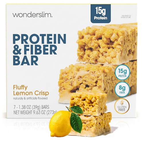 Wonderslim High Fiber Protein Bars 15g Protein 7g Fiber Low Sugar Low Carb Low Calorie Protein Snack Bar for Hunger & Craving Control Gluten-Free 7 Pack (Fluffy Lemon)