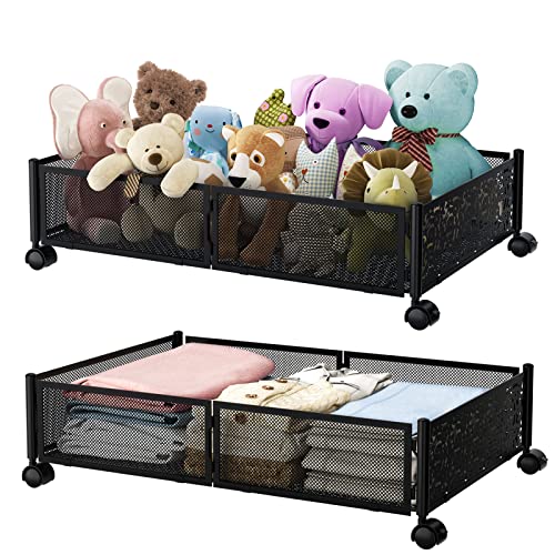 Steauty Under Bed Storage, Metal With Hollow Carved Under Bed Storage Containers With Wheels, Tool-Free Assembly For Twin And Full Size Beds Under Bed Shoe Storage Drawers, Foldable Under Bed Storage Organizer For Clothes, Toy, Book, Blankets (2 Pack, Black) #TOP6