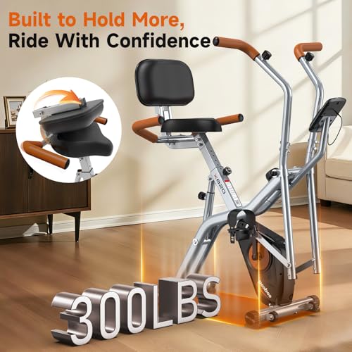 Image of pooboo Foldable Exercise Bike, Stationary Bike with Elliptical Mode, 8-Level Magnetic Resistance, Silent Indoor Bike for Home Fitness and Rehab Training, Adjustable Seat&Handrail, LCD monitor, 300LBS (Silver)