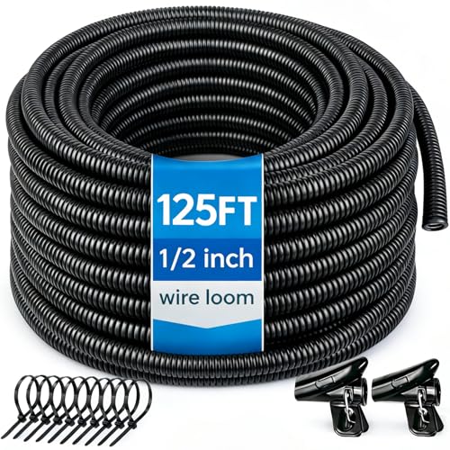 Automotive Wire Loom Flame Retardant Split Wire Loom Tubing Assortment Wiring Loom Kit Plastic Cover Electrical Covering Conduit Protective Wire Wrap Cable Sleeves Black 1/2 x 125 Ft