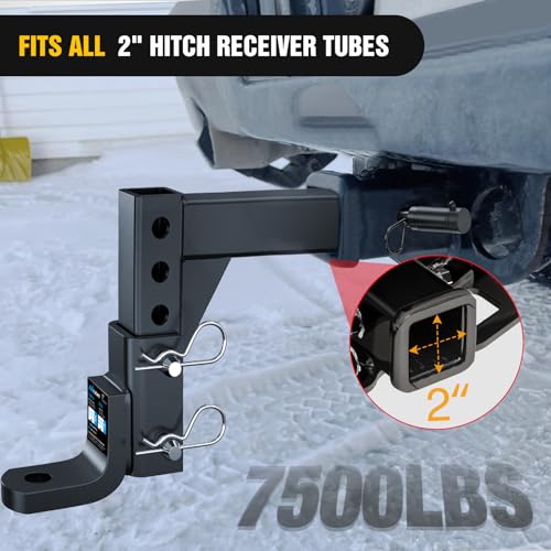 Image of Nilight 8-Position Adjustable Trailer Hitch Ball Mount Fits 2 Inch Receiver with 5 /8 inch Pin Lock 7500 lbs 9-1 /2 inch Drop 8-1 /4 inch Rise 1 inch Hole Hitch for Trailers Boats Pickups RV