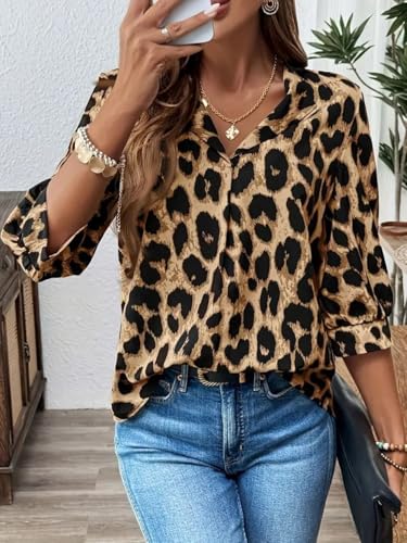 CHARTOU Women Summer Leopard Shirt Casual Loose Collared V Neck 3/4 Sleeve Tunic Top3