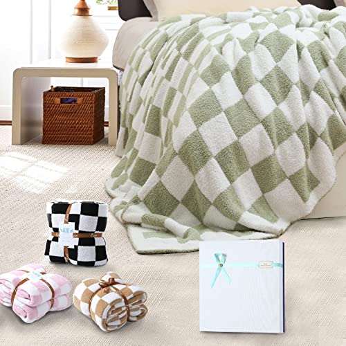 Image of GCQC Checkered Throw Blanket, Knitted Checkerboard Grid Warmer Fluffy Shaggy Soft Cozy Fuzzy Bed Best Gifts for Mom Women with Box for Home Chair Sofa Couch