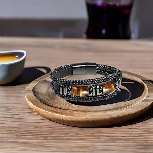 Tiger Eye Black Leather Bracelet Men Natural Tiger Eye Gemstone Crystal Stone Jewelry Handmade Courage And Stress Relief Protection Bracelet - Image 6