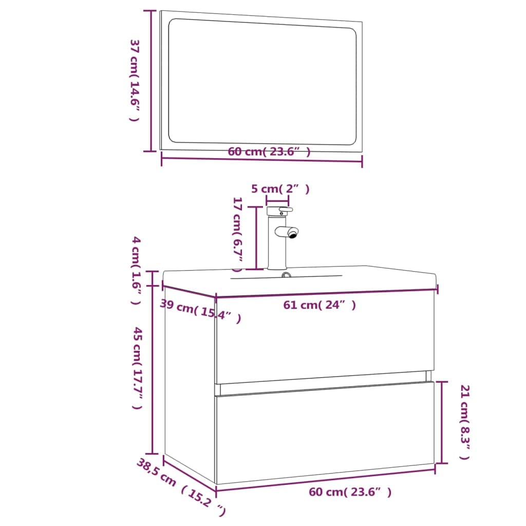 Juego de muebles de baño de madera de roble ahumado con armario para lavabo y espejo de pared, 60 x 38,5 x 45 cm, incluye grifo, muebles de baño para baño moderno, solución práctica de