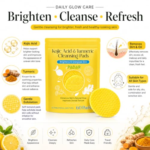 Image of Kojic Acid & Turmeric Cleansing Pads for Face | Exfoliating Facial Pads with Lemon Extract | Helps Brighten Appearance & Remove Dirt, Oil & Makeup | Suitable for All Skin Types | 60 Pads