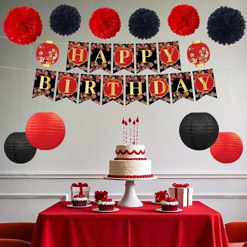 Image of Hibachi Birthday Party Decorations - 12 Pcs Pre-Strung Red Black Gold Cherries Flower Banner, Japanese Style Chinese Lanterns Decor Paper Flowers, Happy Birthday Party Supplies for Men Women