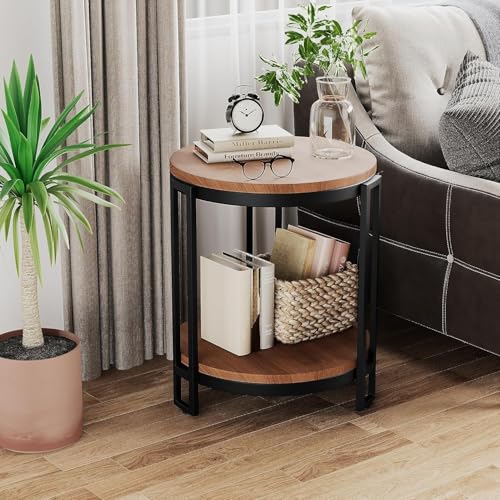 Image of Hamdan Round Coffee Table,Rustic Wood with Storage Shelf, Modern Farmhouse Circle Coffee Table Tray Table with Sturdy Metal Legs Home Furniture (Black Brown)