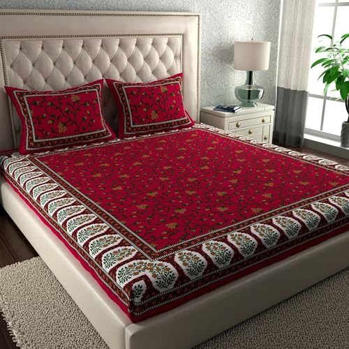Image of LA VERNE Combo Pack of 2 Double Bedsheet with 4 Pillow Covers | Cotton Double Flat 104 TC Jaipuri Prints Bedsheet 240 X 220 CM (Red)