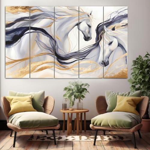 Image of Maxstone 7 Horses Wall Painting for Living Room Big Size - 7 Running Horses Painting Vastu for Bedroom, Office, Hotel - Wall Decor Digital Painting Wooden Framed for Gifting (30x60 inch) M1422