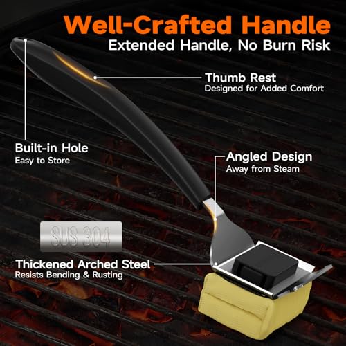 Image of Bristle-Free Grill Brush with Heat-Resistant Kevlar Fiber Head, Black | Steam Cleaning, Replaceable No-Wire Head, 17 inch Handle, 4-in-1 Scraper, for Porcelain /Ceramic /Stainless Steel /Cast Iron Grate
