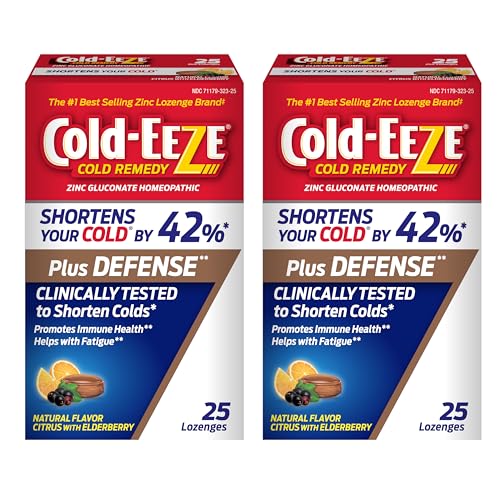 Cold-Eeze Plus Defense Natural Citrus with Elderberry Zinc Lozenges Homeopathic Cold Remedy Shortens Common Cold Symptoms by 42% Immune Health Sambucus Nigra Echinacea Rose Hips 25 Ct 2 Pack
