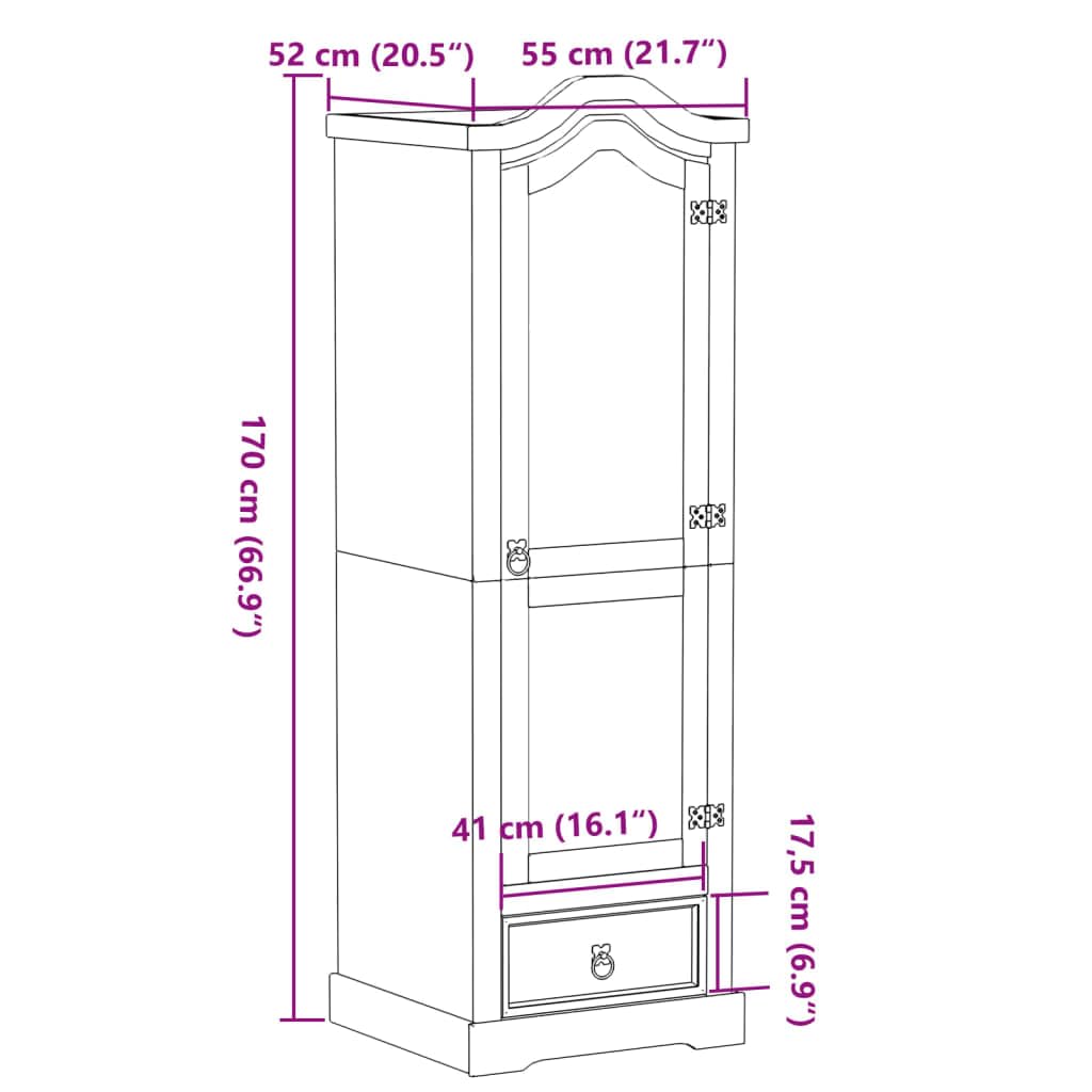 Szafa na ubrania z litego drewna sosnowego 55 x 52 x 170 cm z metalowymi uchwytami i dużą ilością miejsca do przechowywania ubrań i akcesoriów, wytrzymała szafa z drewna sosnowego z