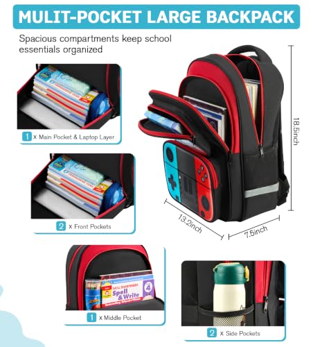 Image of Boys Backpack for School, Gaming Backpack for Boys 6-14, Large Capacity Kids School Backpack with Laptop Compartment, Lightweight Gamer Bookbag for Elementary Middle School Teen Boys