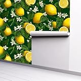 Cmialusie Lemon Wallpaper 39x16 Inch Decorative Wallpaper Citrus Wall Decals with Blossoms and Green Leaves Dark Green Background Fruit Design for Kitchen Dining Room Home Decor