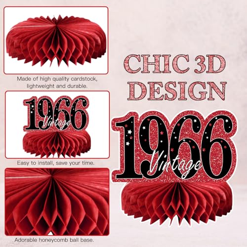Image of 9Pcs 60th Birthday Decorations Red and Black 60th Birthday Party Decorations for Women,Happy 60 Years Vintage 1966 Aged Honeycomb Centerpieces Table Sign Decor Supplies