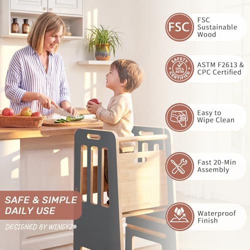 Image of WINGYZ Toddler Tower - Anti-Tip Natural Wood Learning Stool Helper for Kids 18M-6Y, 150lb Capacity Kitchen Stool with 3-Height Adjustable Platform and Sliding Door Access, 20lb Portable Design, Black