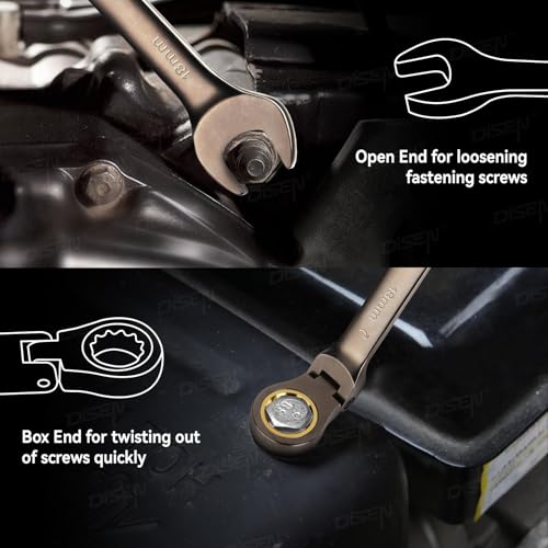 Image of DISEN 90 Teeth Ratchet Wrenches Set 8 Pieces, Flex Head Ratcheting Wrench Set Metric 8 10 12 13 14 15 17 19MM, Nickel Plating Cr-V Constructed with Organizer Rack