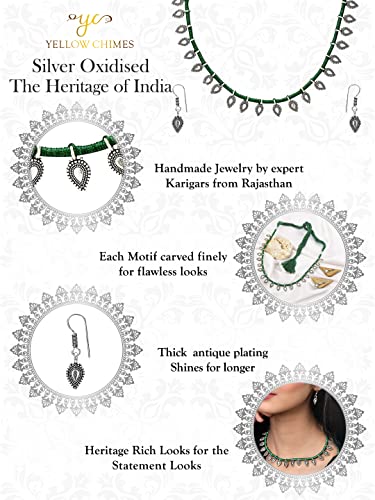 Image of Yellow Chimes Women and Girls Traditional Silver Oxidised Choker Jewellery Set - Black
