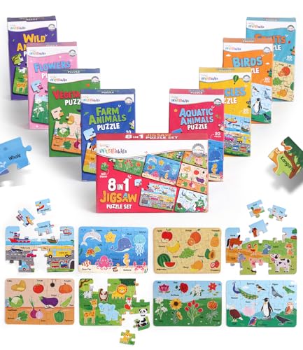 Image of Intelliskills 8-in-1 Jigsaw Learning Puzzle Set for Kids,160 Pieces, 8 Packs, Fruits, Vegetables, Flowers, Birds, Vehicles, Wild, Farm & Aquatic Animals, 3 Years+, BIS Certified, for Gifting