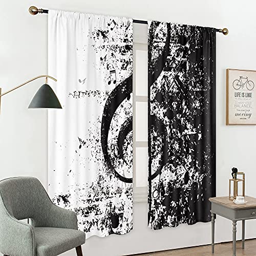 Mitpok Music Note Curtains 42" W X 63" H Inches Rod Pocket Musical Clef Vintage Instrument Rhythm Song Art Rustic Black And White 2 Panel Window Treatment Set For Bedroom Living Room Decor #TOP2