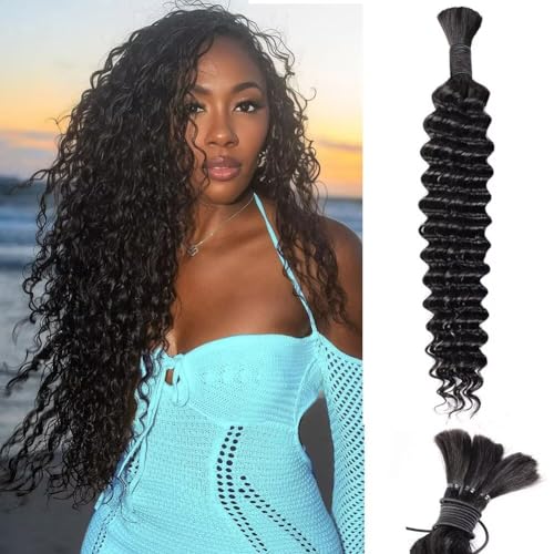Human Braiding Hair Deep Water Wave Bulk Human Hair 50g 24 Inch Curly Human Hair for Boho Braids Hair Extensions No Weft 1 Braids Per Pack Wet and Wavy Human Hair Braiding Hair Natural Color