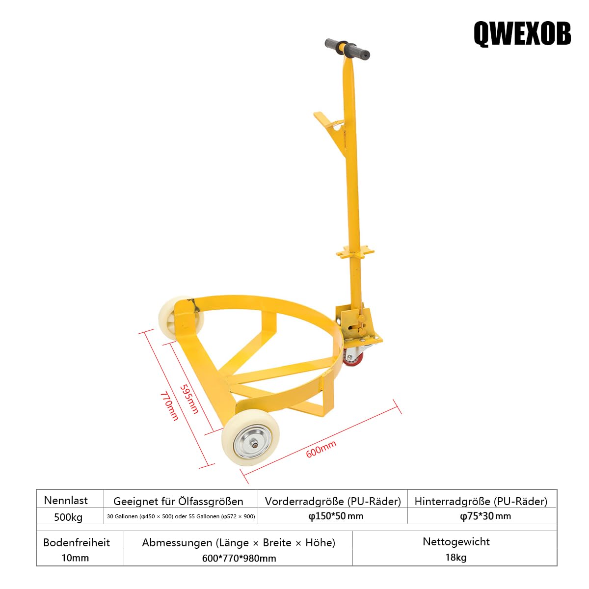 Fasskarre - 200 kg belastbar - Transportkarre für Umzug Fässer 210 L Fässer 60 cm- Robuster Stahlrahmen Fasswagen Profi Schwerlast Handwagen für Fässer