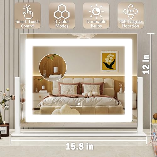Image of ROLOVE 16x12 Inch Vanity Mirror with Lights, Lighted Makeup Mirror with 10X Magnification, Smart Touch 3 Colors Dimmable, Dresser Mount, Bathroom (White)
