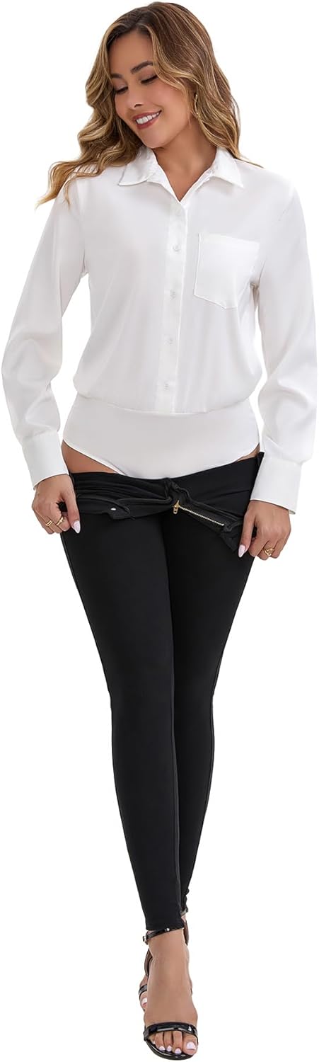 Womens Bodysuit Blouse Button Down One-Piece Long Sleeve Solid Office Work Shirt Casual Tops - Image 6